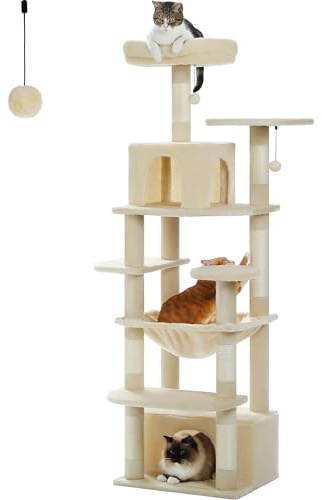 PAWZ Road Kratzbaum, 164cm für große Katzen, stabil, Beige | für große Katzen, mit Hängematte, 7 Sisalpfosten, großer Sitzstange, Höhle, Körben, kratzbaum hoch für Indoor-Katzen