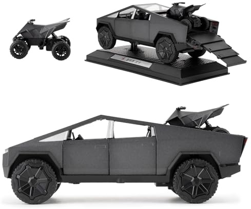 TGRCM-CZ 1/32 Tesla Cybertruck Electric Pick-Up Truck Model Car With a Motorcycle, Zinc Alloy Pull Back Toy car with Sound and Light for Kids Boy Girl Gift(Gray)