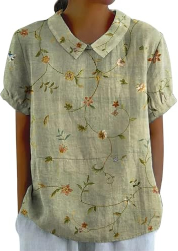 Chanpning Bluse Damen Sommer, Elegant Leinenbluse Einfarbig Blusenshirt Revers Rundhals Leinenhemd Blumendruck Oberteile Lose Pullover Top Vintage Freizeithemd T-Shirt Blusehemd Blusentop Tunika