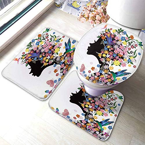 Set 3 Teilig Badvorleger Schöne Mädchen Mode Blume Dekorative Frisur Mädchen Und Schmetterling Vogel Badgarnitur Badematten Wasserabsorbierend Langlebige Wc-Deckelbezug, Für Dusche, Badewanne