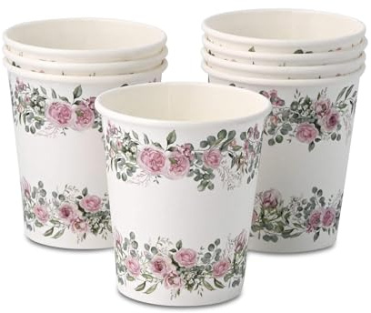 ECOFIESTA 8x gobelets en carton pour anniversaire 200 ml roses & eucalyptus - gobelet mariage sans plastique et recyclable - gobelet jetable