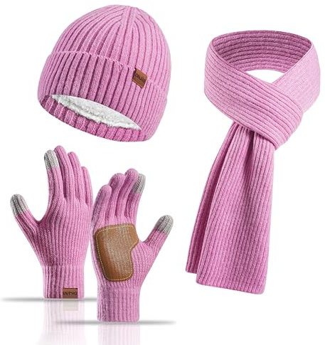 Yoolhamy Mütze Schal Handschuhe Set Damen, 3pcs Wintermütze Mit Fleece Gefütterte Wärmer Schla Touchscreen Handschuhe Winter Thermo Strickmütze für Outdoor-Skimütze