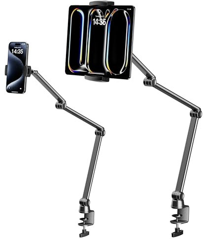 LULULOOK Tablet Halterung Bett, Aluminum iPad Halterung Bett mit Dehnbar Langer Arm, Einstellbar Kindle Halterung 2 Clips Tisch Ständer für iPad Pro 13/iPhone 17 Pro Max/Galaxy Tabs/Kindle, 3.5-13