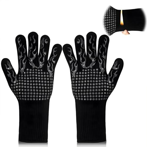 Oven Mitts,BBQ Fireproof Gloves, Grill Cut-Resistant Gloves 1472°F Heat Resistant Gloves, Non-Slip Silicone Oven Gloves, Kitchen Safe Cooking Gloves for Oven Mitts,Barbecue,Cooking, Frying (Black)