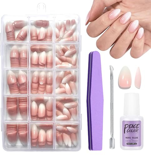 EONFAVE Almond False Nail Tips Kit - 240pcs Gradient Pink White False Nails - 15 Sizes French Tip Fake Nails with Glue - Stick on Nails for Women - Soak Off Acrylic Nails for Nail Extensions DIY
