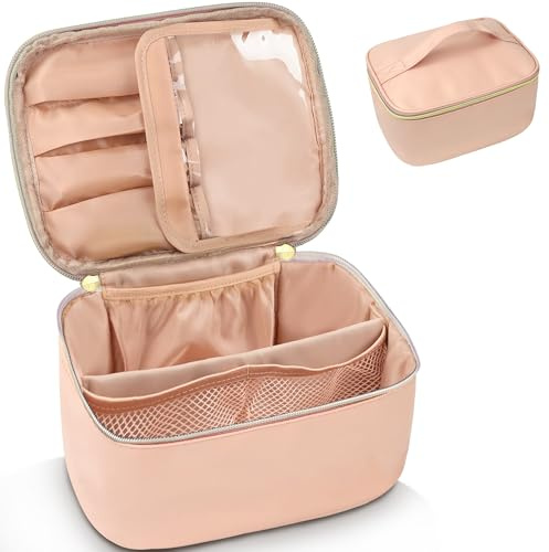 ZIOSINM Reseskönhetsfodral för kvinnor, 25 x 17 x 12 cm resesminkförvaring organisatör med borstficka och avdelare kosmetisk sminkväska med fack i PU-läder, Rosenröd, mode