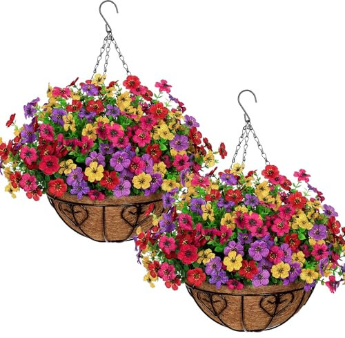 Alynsehom Künstliche Hängepflanzen, Blumenkorb, Veranda, Garten, Dekoration, UV-beständig, künstliche Azalee, Seide, Körbe, Terrasse, Balkon, Hof, Heimdekoration (4 Farben)