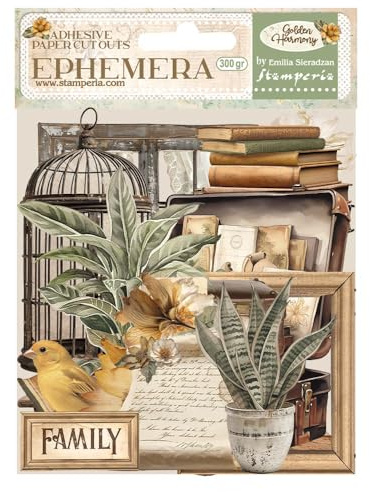 Stamperia - Ephemera for Scrapbooking, Albums, Card Making, Bullet Journalling and More, Adhesive Paper Cut Outs, Easy to Apply, Perfect for Hobbies, Crafts, and Gifting (Golden Harmony) (35 pieces)