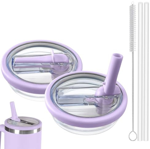 Stanley - Lot de 2 couvercles anti-fuite - Réutilisables - Anti-fuite - Pour tasse Stanley - Avec 2 pailles et 1 brosse à paille - Violet
