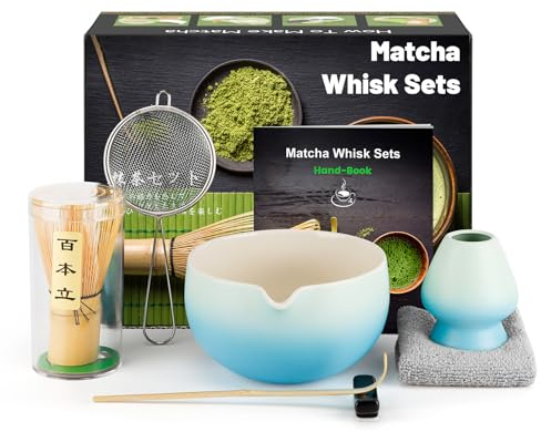 7 Pièces Matcha kit ceremonie japonais, Fouet matcha en bambou naturel, bol matcha, cuillère à thé, Porte-Fouet, kit matcha complet, Coffret matcha, pour la cérémonie du thé, la boisso, Bleu Dégradé