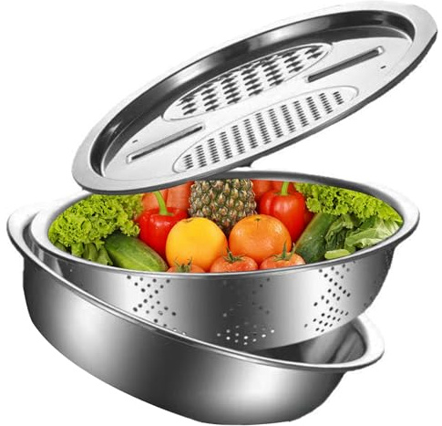 Sghtil Ensalada con ajo, lavabo de acero inoxidable con rallador - Colante de lavado de arroz,Cuenco de lavado multifuncional de frutas y verduras, pasajes de alimentos, diseño ergonómico