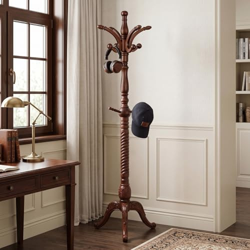 Stehender Garderobenständer Massivholz ist 198 cm hoch Bis 75KG Freistehender Kleiderständer Stabil mit 8 Haken, Stand-Garderobe für Kleidung, Jacken, Hüte, Flur Schlafzimmer und Büro Eschenholz Braun