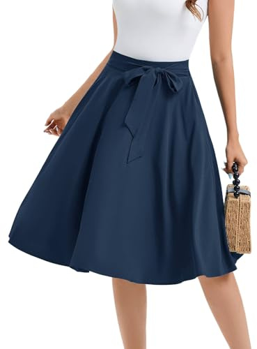 Bbonlinedress Jupe Femme Eté Mi Longue Simple Jupe Rétro Vintage Evasée Fluide Classique pour Cocktail Soirée Quotidien avec Ceinture Navy L