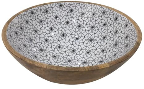 Grand Saladier en Bois de Manguier, Ø30,5 cm, Intérieur Blanc à Motifs Noirs, Collection Black, Design Contemporain, Contenance 3L