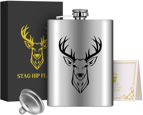8oz/237ml Edelstahl Flachmann, Taschenflasche, mit Trichter und Grußkarte, Geschenkbox, Schwarz Hirschkopf Muster, Geschenk für Outdoor Flachmann, Perfekt für Camping, Wandern und Outdoor Aktivitäten