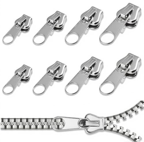 8 PCS Mental Zipper Pull Replacement, Spare Zip Puller, 4 Sizes Zip Slider Repair Set Sliver Removable Zip Fixer for Quick Repairing Clothes Jeans Luggage Backpack