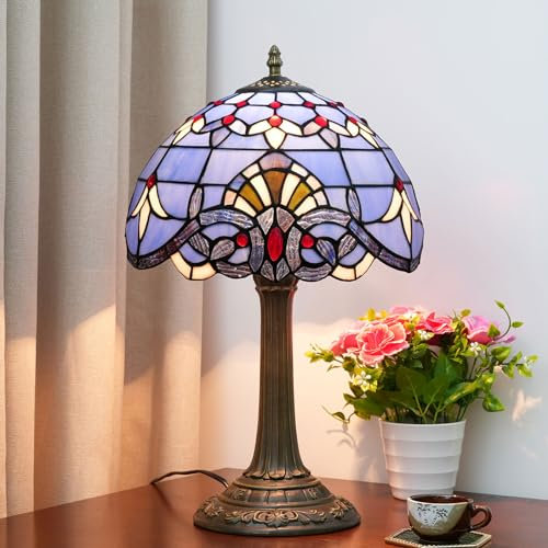 12 Inch Lamp Stained Glass Baroque Table Lamp Bedside Reading Desk Light Green Blue Beige Night Lamp, Antique Art Craft Gifts Lover Kid Living Room Bedroom Study Bookcase,Blue