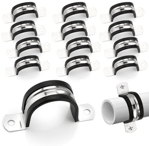 qjuwhua 15 PCS Pipe Clamp Ø 25mm 304 Stainless Steel Saddle Clips with Rubber Two Hole Tube Pipe Strap Clamps U Shape Brackets for Fixing Installing Pipe Wire Cord Cables