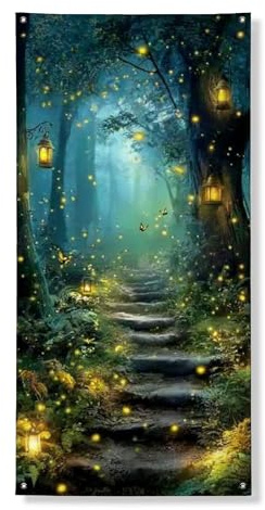 Bannière décorative pour porte de forêt enchantée, scène de nuit mystique avec lanternes et lucioles, décoration d'intérieur et d'extérieur pour vacances d'automne 91,4 x 183 cm