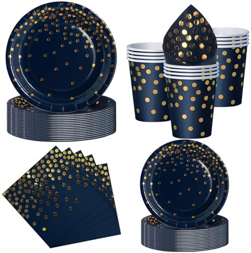 Nkaiso 50 Stück Marineblaugold Partygeschirr Kindergeburtstag -10 Gäste | Party Teller Einweg Set mit Papierteller, Servietten & Becher für Geburtstage, Grillfeste, Picknicks und Feiern