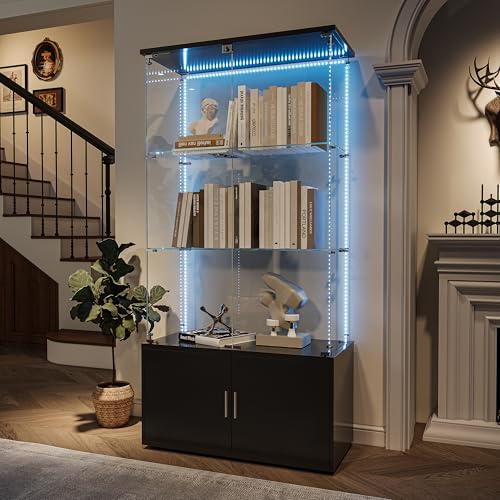 HFASD Glasvitrine Standvitrine Mit LED Beleuchtung, Vitrine Weiß, 4 Lagen Vitrine Glas Und Unterschrank Aus Holz, Moderne Vitrinenschrank Für Wohnzimmer Schlafzimmer Büro, 78.5x35x164cm (A, Schwarz)