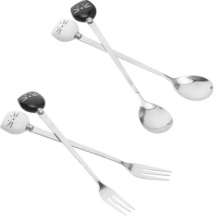 VALICLUD Ensemble 4 Pièces Cuillères à Café et Fourchettes en Acier Inoxydable et Céramique Tête de Chat Cuillères à Expresso et Fourchettes à Dessert Ustensiles pour Café Thé Glace et