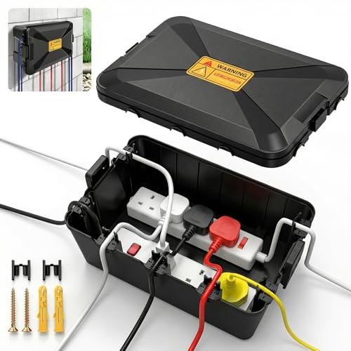 Glamletter Large Outdoor Electrical Waterproof Box IP54, Weatherproof Connection Box with 7 Cable Entries, Heavy Duty Extension Lead Cover for Garden Plugs, Timers & Christmas Lights (32x21x13.5cm)