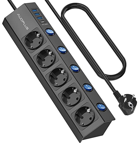 Steckdosenleiste Einzeln Schaltbar, 5 Fach Steckdosenleiste Wandmontage | Mit 1 USB-C Schnellladegerät (PD 20W) & 3 USB Steckerleiste, Mehrfachsteckdose mit Überspannungsschutz (3680W/16A), 2M Kabel