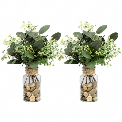 Fairblo 24 Piezas Ramas de Eucalipto Artificial con 2 Jarrón de Cristal Plantas Artificiales Decorativas Ramas Artificiales de Plastico Planta Artificial de Eucalipto para Bodas Fiestas Hogar