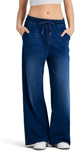 LaiEr Jeans Donna a Gamba Larga Alta Elasticità con Vita Regolabile con Coulisse.Palazzo Jeans da Donna Dritti in Denim Morbidi e Comodi,Ideali per Look Eleganti,Sport, Palestra,Tempo Libero e Yoga