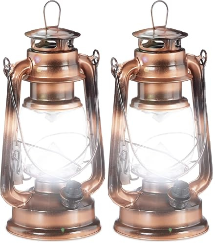 Relaxdays Sturmlaterne LED, Retro Sturmlampe als Fensterdeko oder elektrische Gartenlaterne, batteriebetrieben, Kupfer, 24 x 15 x 11.5 cm (Packung mit 2)