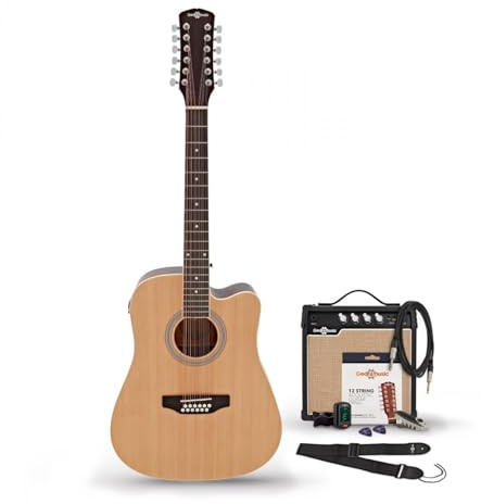 Dreadnought 12 String Electro Acoustic Guitar Natural, 15W Acoustic Amp & Accessory Pack