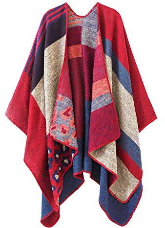 Shmily Girl Womens Reversible Oversized Blanket Poncho Cape Shawl Cardigans (One Size, Leopard/Red)