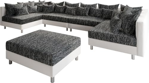 DELIFE Couch Clovis XL Weiss Schwarz mit Hocker Wohnlandschaft Modulsofa