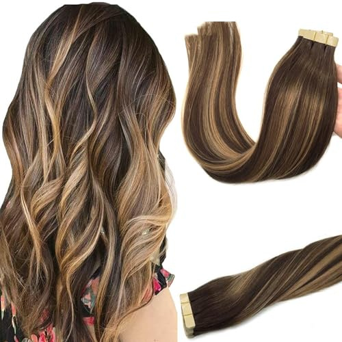 GOO GOO Tape in Hair Extensions Human Hair, 14inch 50g 20pcs, #4/27/4