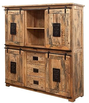 MASSIVMOEBEL24.DE | Railway - massives Highboard naturfarben, geölt | Mangoholz | 150x45x160 | mit Eisen | 4 Türen - 3 Schubladen | Wohnzimmerschrank, Hochkommode