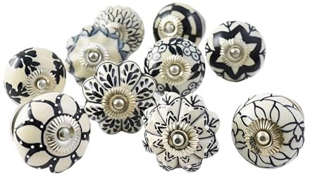 Ajuny Juego de 10 Pomos de Cerámica Vintage Blanco y Negro, Pintados a Mano – Diseños Calabaza y Redondo – Tiradores Decorativos para Armarios, Cajones y Puertas de Cocina y Baño