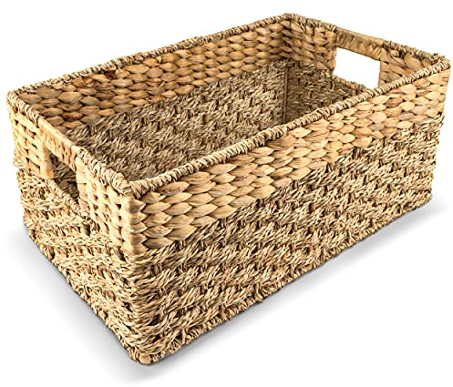 Medium Wicker Basket for Storage, Natural, Seagrass and Hyacinth Woven Baskets for Décor with Built-In Handles, Rectangular, Shelf Organizing for Bedroom, Pantry - Medium Size - 15.5x9.5x6.5 in