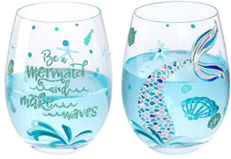 NymphFable Weingläser ohne Stiel Set aus 2 Handbemalte Meerjungfrau Personalisierte Geschenke Geburtsta für Mama, Ehefrau, Frauen 18oz