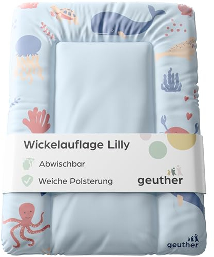 Geuther Wickelauflage abwaschbar 52 x 72 cm | Wickelunterlage Lilly für Wickelregal Clarissa & andere | Erhöhter Rand & Kopfschutz für hohe Sicherheit | Wickeltischauflage | Design Ocean