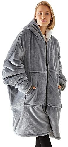 Blanket Hoodie with Zipper, Super Soft Fleece Dressing Gown, Thick Flannel Blanket with Sleeves and Giant Pocket (Grey, Short)