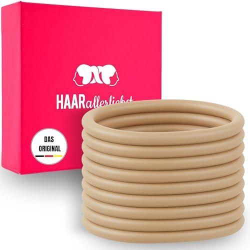 HAARallerliebst® Unisex Silikon Haargummis 9 Stück + Aufbewahrungsbox – Premium Haargummi Damen & Herren, ultra starker Halt – Zopfgummi Damen, Haargummi Beige– Hair Ties & Zopfhalter für Sport