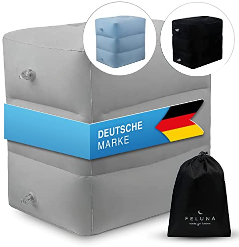 Feluna® Uppblåsbar Fotstödskudde – 3 Sektioner, 42x38x45 cm | Höjdjusterbar resekudde för flygplan, tåg & bil – mjukt velour, inkl. förvaringspåse