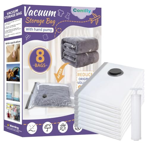 Conilly Vacuum Storage Bags,8 Pack (Large 80x60cm),Save 80% Space,Travel Clothes Storage bags,Storage Bags Vacuum Sealed of Clothes, Pillows,Comforters,Blankets Storage whit Hand Pump