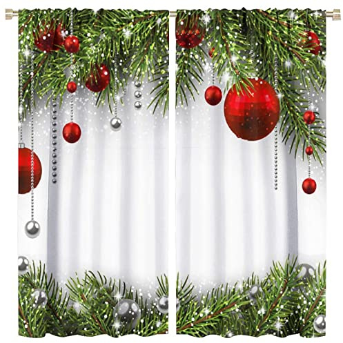 Merry Christmas Curtains Balls with Pine Fir Tree Holiday Season Classic Art Printed Living Room Bedroom Window Drapes Treatment Fabric 2Panels 42 (W) x 45(L) Inch Decor