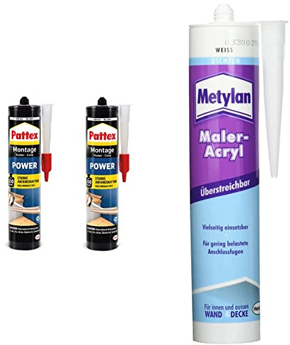 Pattex Montagekleber Power 740g, Baukleber mit starker Anfangshaftung, Kraftkleber für saugende Materialien, 2 Kartuschen mit je 370g, Weiß, 9H PXP37X & Metylan Maler-Acryl Wand & Decke, weiß, 300ml