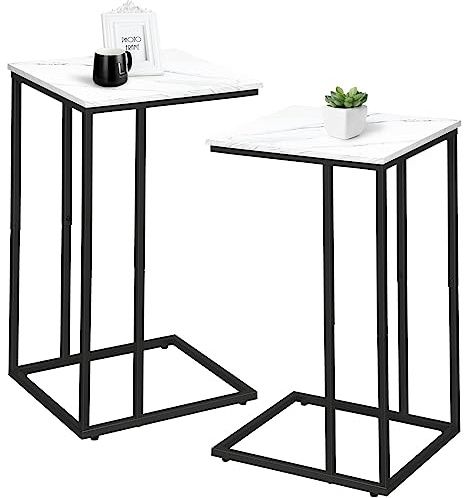 C Shaped Side Table Set of 2, Marble End Table for Sofa and Bed, Couch Table That Slide Under, Snack Side Table for Living Room, Bedroom or Small Spaces, White and Black