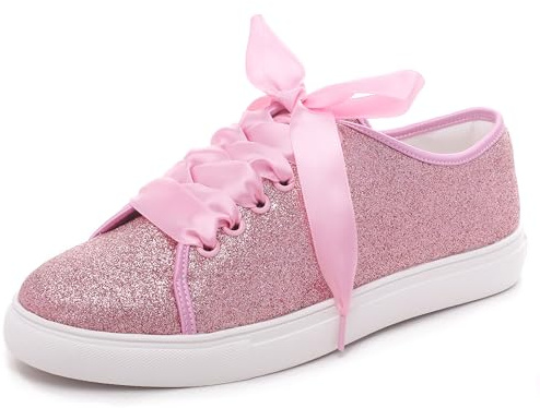 Elivandon 16052 Bröllopsskor bling brudsneakers platta brud tennisskor glänsande paljettskor glittrande sneakers, Rosa, 38.5 EU