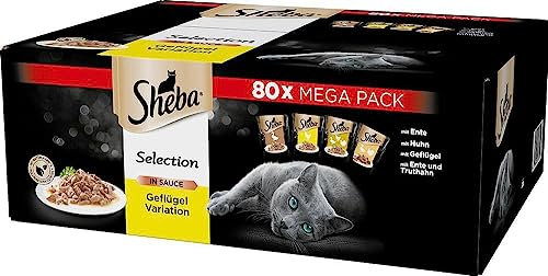 Sheba Katzennassfutter Selection in Sauce, 80x85g Schalen, Mega Pack – Katzenfutter nass, Geflügel Variation mit Poularde, Huhn, Geflügel und Truthahn in Sauce für ausgewachsene Katzen