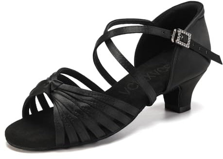 VCIXXVCE Mädchen Latein Tanzschuhe Schwarz Offene Zehen Satin Salsa Ballsaal Leistung Tanzschuhe 4 cm Absatz, 39 EU